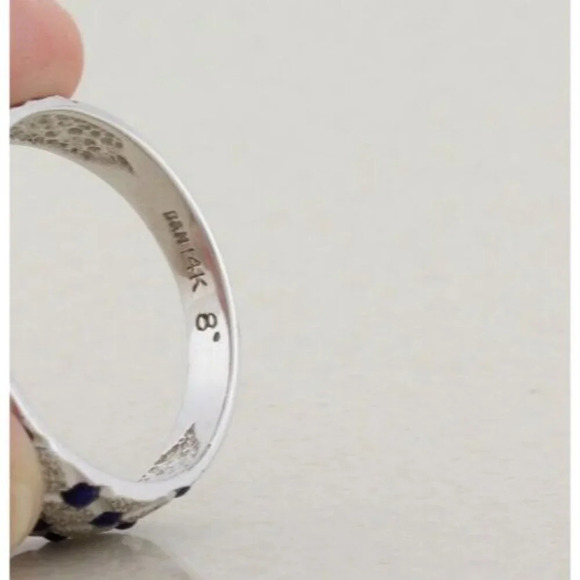 14k White Gold Blue Enamel Textured Diamond Pattern Dome Ring Size 8 1/4 - Picture 6 of 6